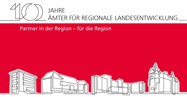 Schriftzug 10 Jahre Ämter für Regionale Landesentwicklung, Untertitel Partner in der Region - für die Region. Die vier Ämter sind in stilisierter Form als minimalistische Liniengrafik abgebildet.