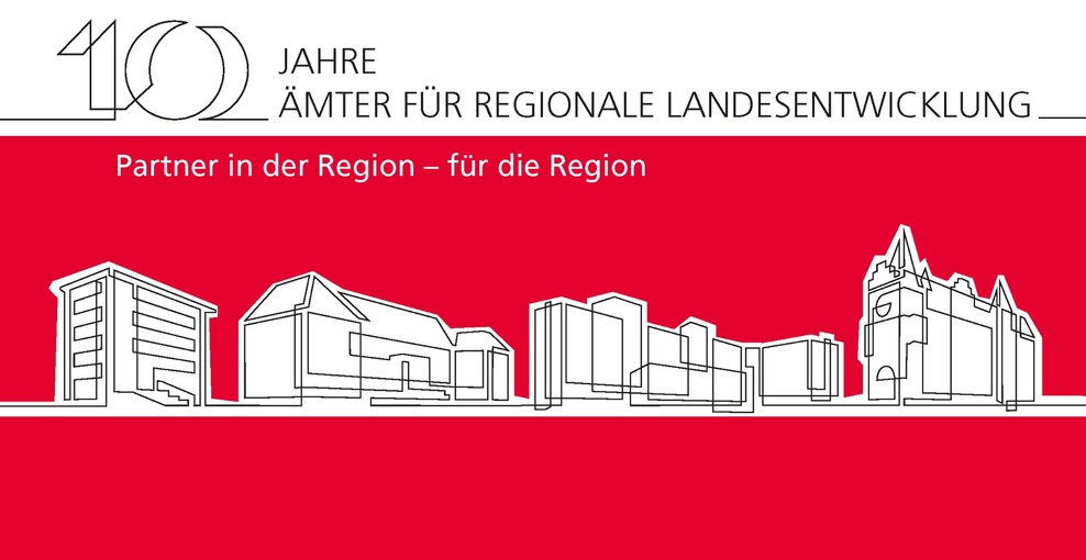 Schriftzug 10 Jahre Ämter für Regionale Landesentwicklung, Untertitel Partner in der Region - für die Region. Die vier Ämter sind in stilisierter Form als minimalistische Liniengrafik abgebildet.