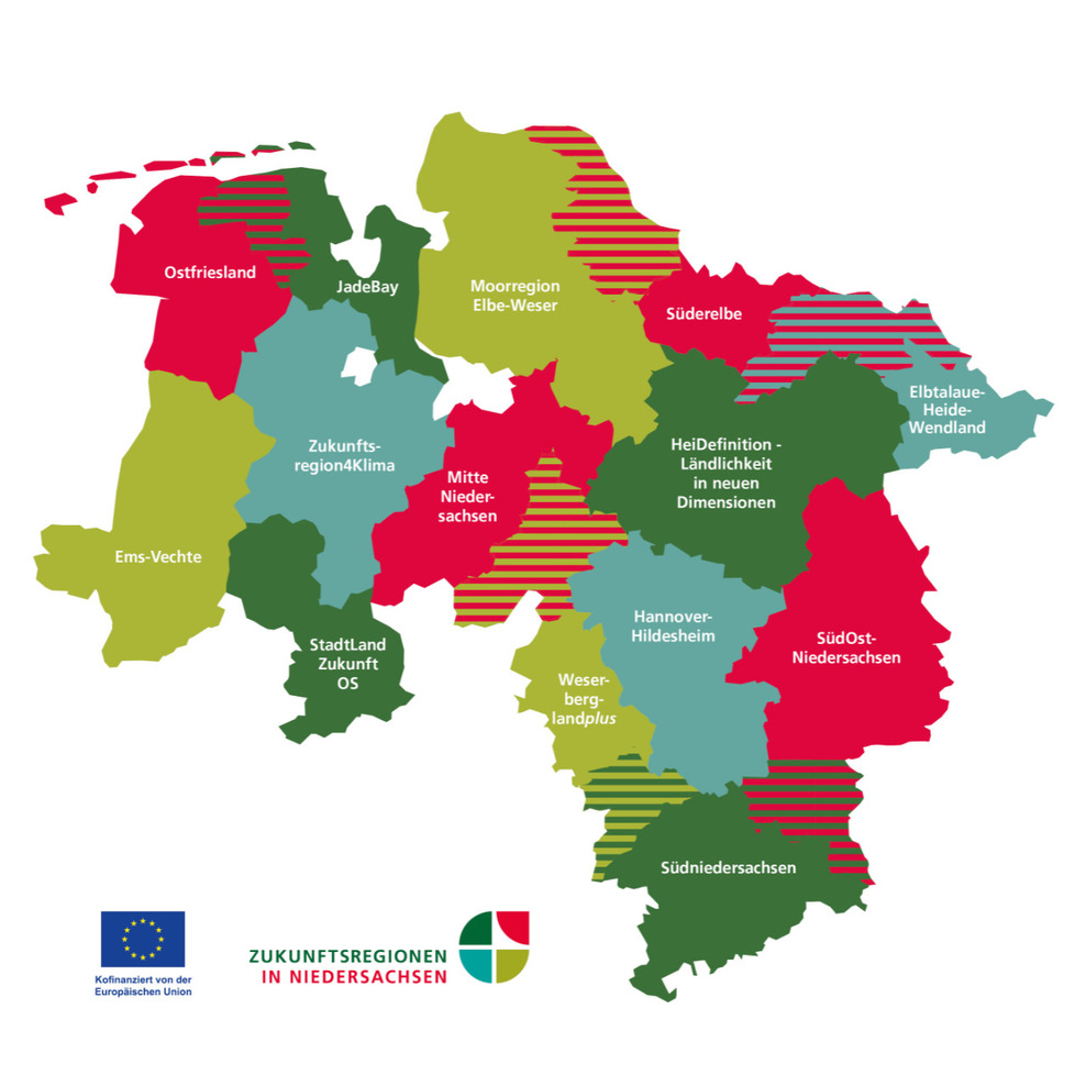 Karte der Zukunftsregionen in Niedersachsen. Die einzelnen Regionen haben unterschiedliche Farben und sind beschriftet.